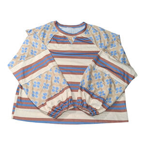 Women's Shirt-Size Med-Stripe Floral Design-Tan Blue Brown -100% Polyester NWOT